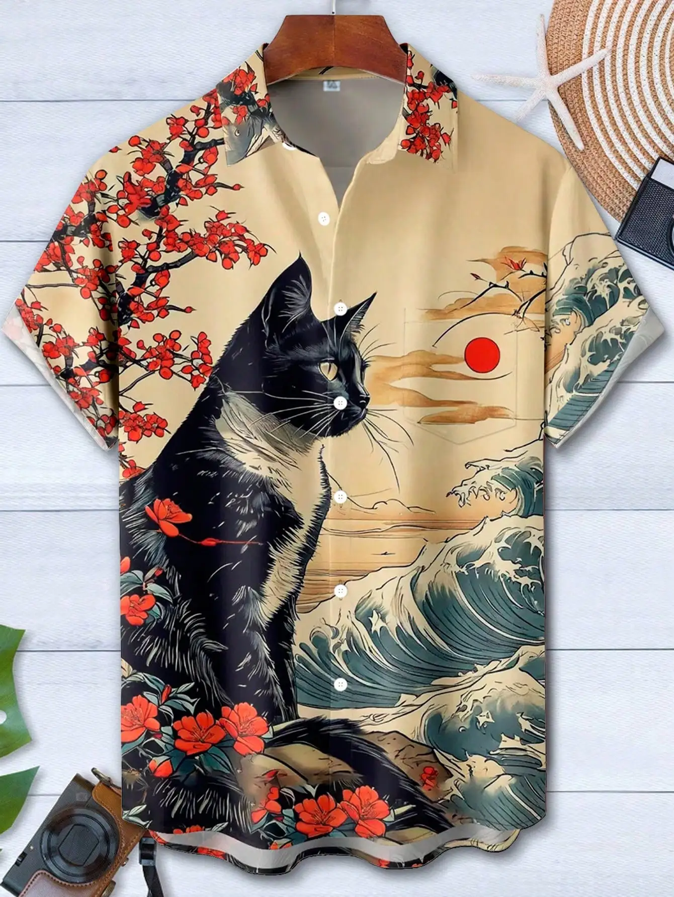 

Men's Short Sleeve Button Down Shirt with Cat and Wave Print