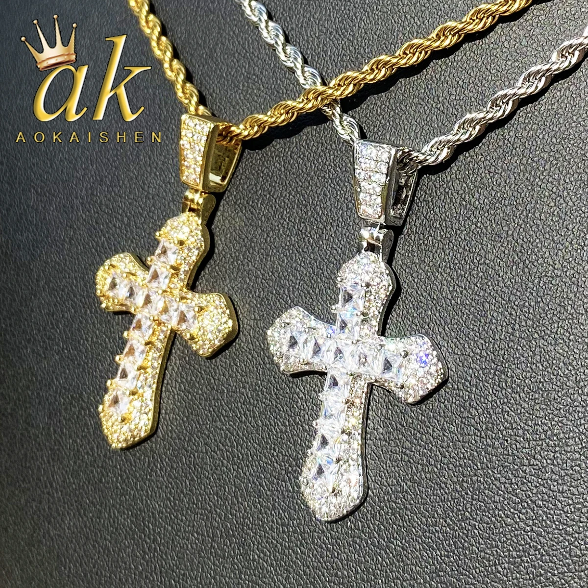 Aokaishen Iced Out Small Baguette Cross Necklace Pendant  for Men Real Gold Plated 5A Cubic Zirconia Hip Hop Jewelry