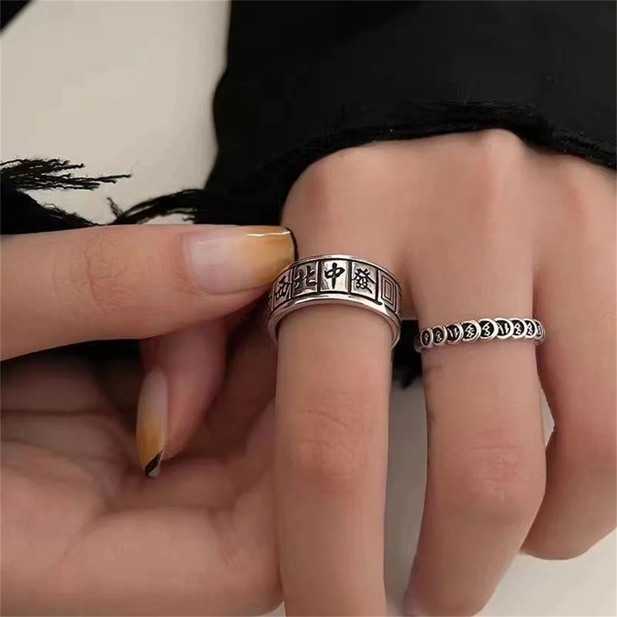 eng Shui Mantra Protection Wealth Ring Vintage Mahjong Finger Ring Amulet Wealth Lucky Opening Adjustable Ring Buddhist Jewelry