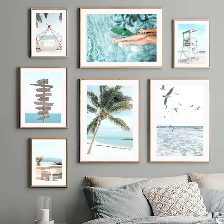 Beach Palm Tree Logo Bird Girl Surfing Tent Wall Art Canvas Painting Nordic Poster Prints Home Decoration Pictures Living Room