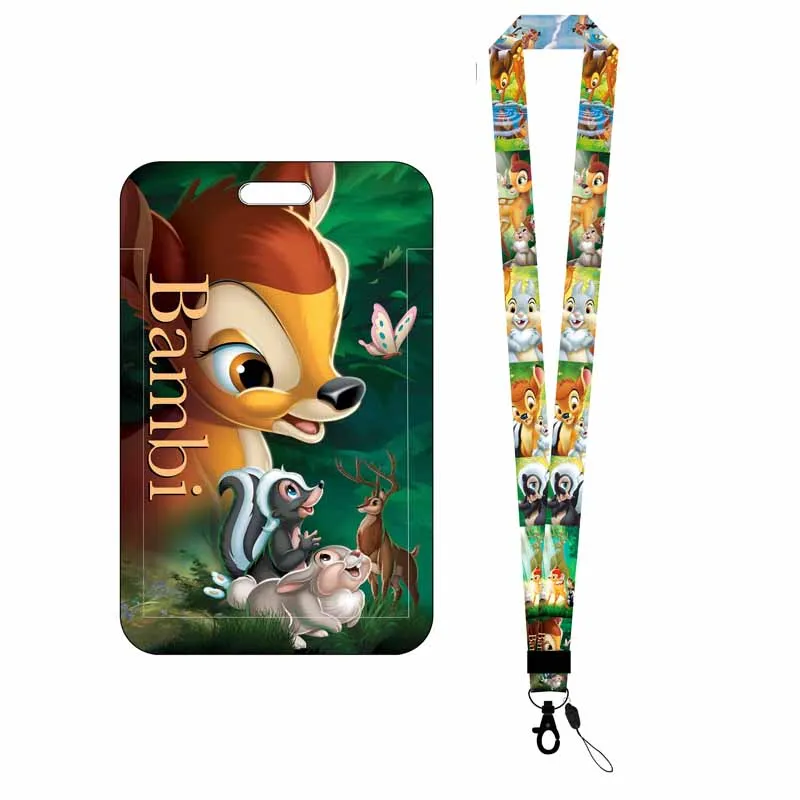 Disney Bambi Girls Boys Badge Holder Slide Cover Student Card Case Hanging Rope Employee Case Lanyard ID Name Card Holder