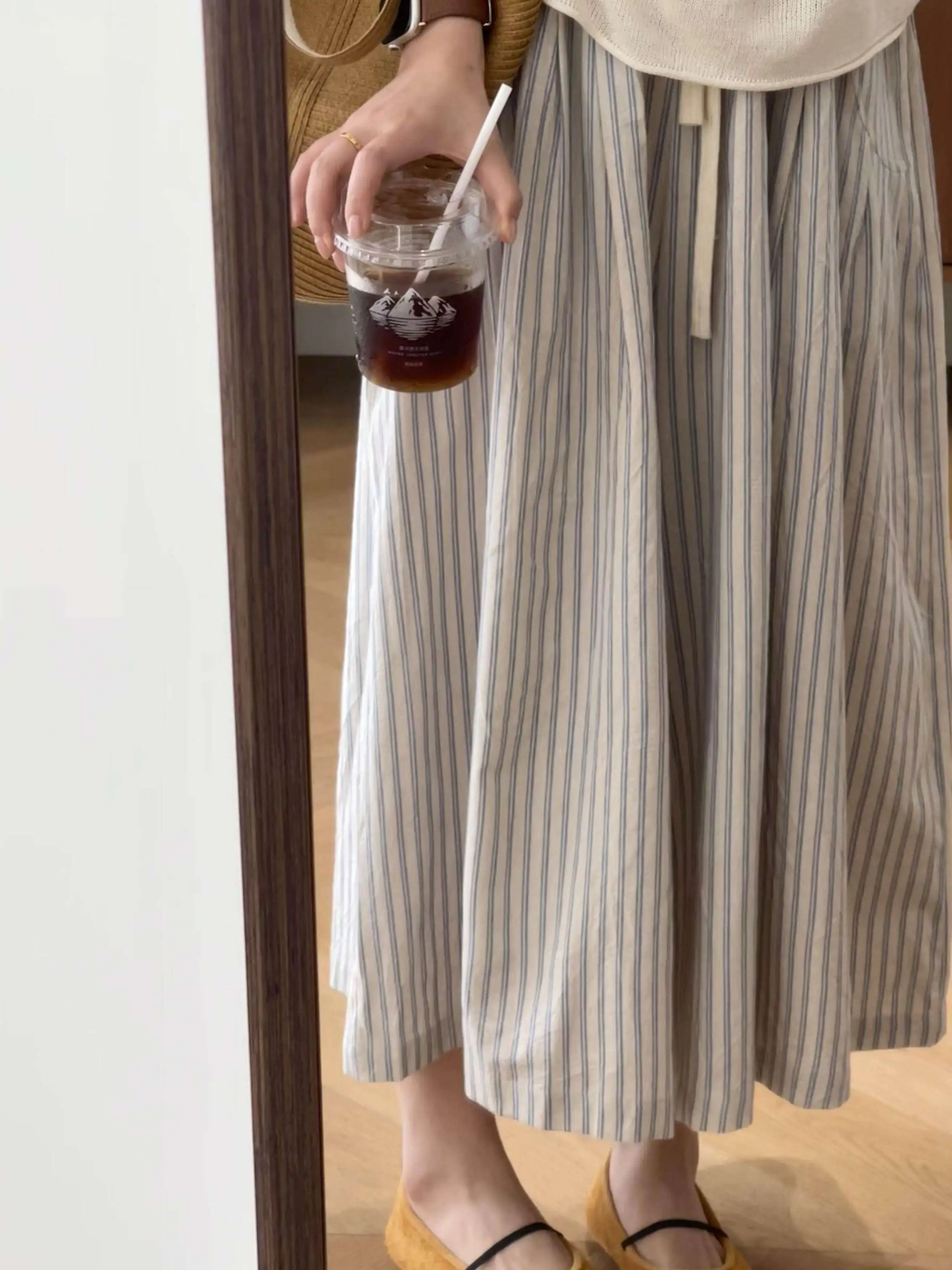 Loose Korean Style Half Skirt with Drawstring Blue Stripes Artistic Versatile Summer Casual Pants Straight Cut Elastic Waist