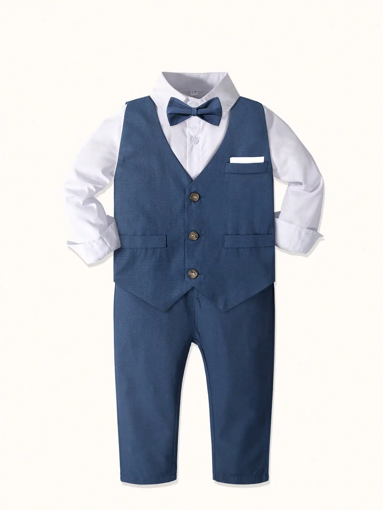 Dark blue 3-piece suit for boys solid color vest pants with bow tie slim fit set for wedding performance children's clothing