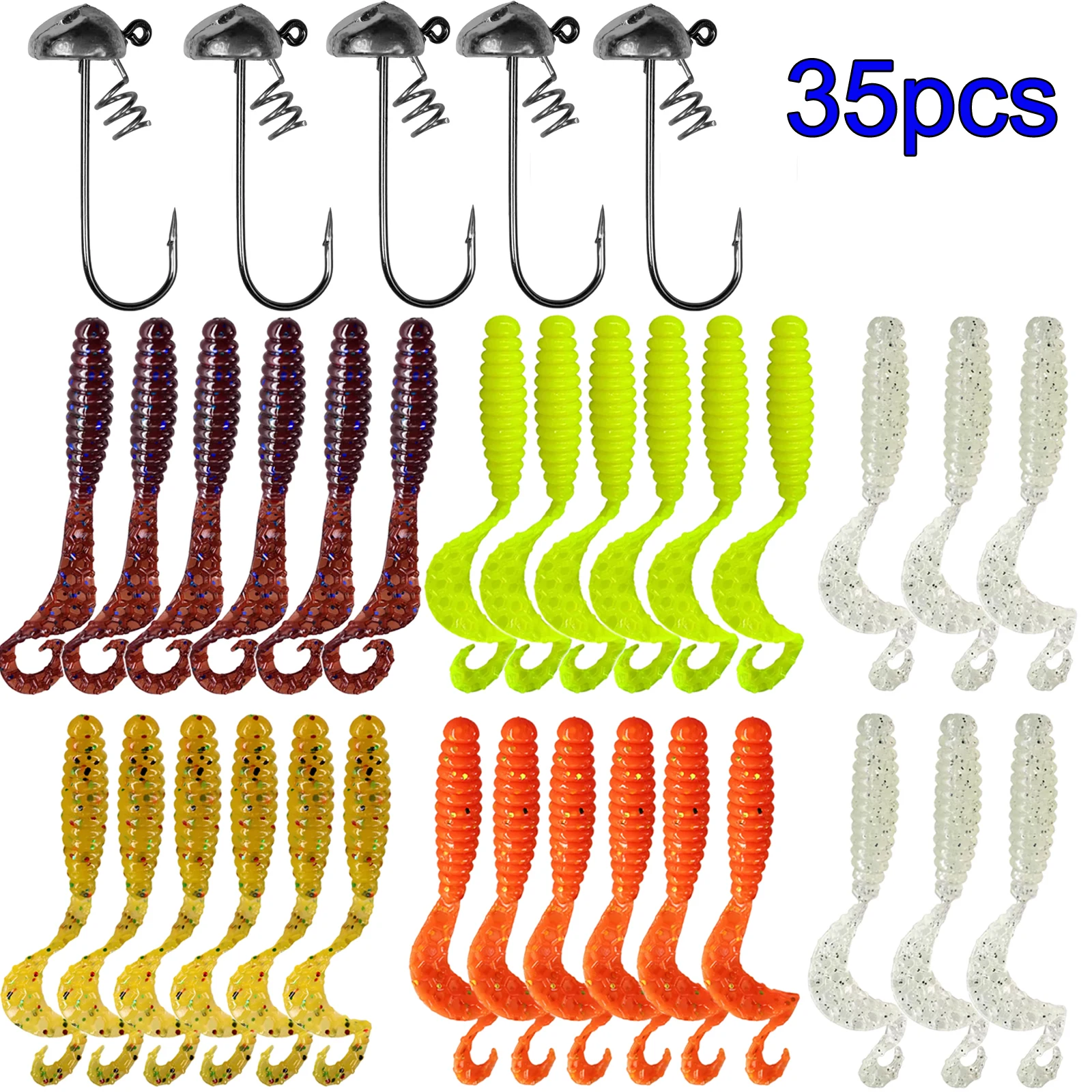 35pcs/box Soft Lures Kit 55mm Silicone Fishing Lures Set 5g 7g 10g Jig Head Hooks For Bass Trout Fishing Artificial Baits