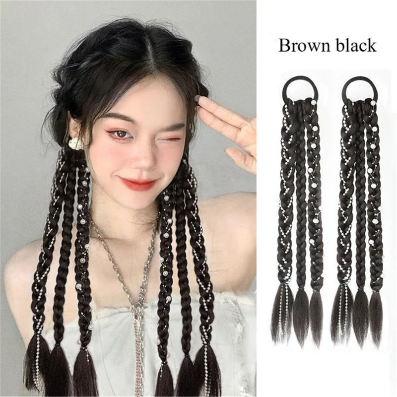 Cute Braid Head Rope Wig para mulheres e meninas, tranças artesanais Fishbone Twist, rabo de cavalo alto, acessórios de cabelo elegantes, uso diário