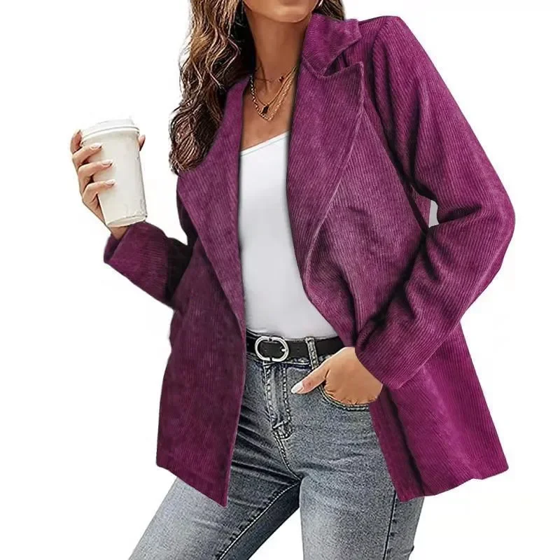 Women's Autumn and Winter New Solid Color Coat Suit Office Ladies Corduroy Street Casual Cardigan Coat Top Blazers for Women