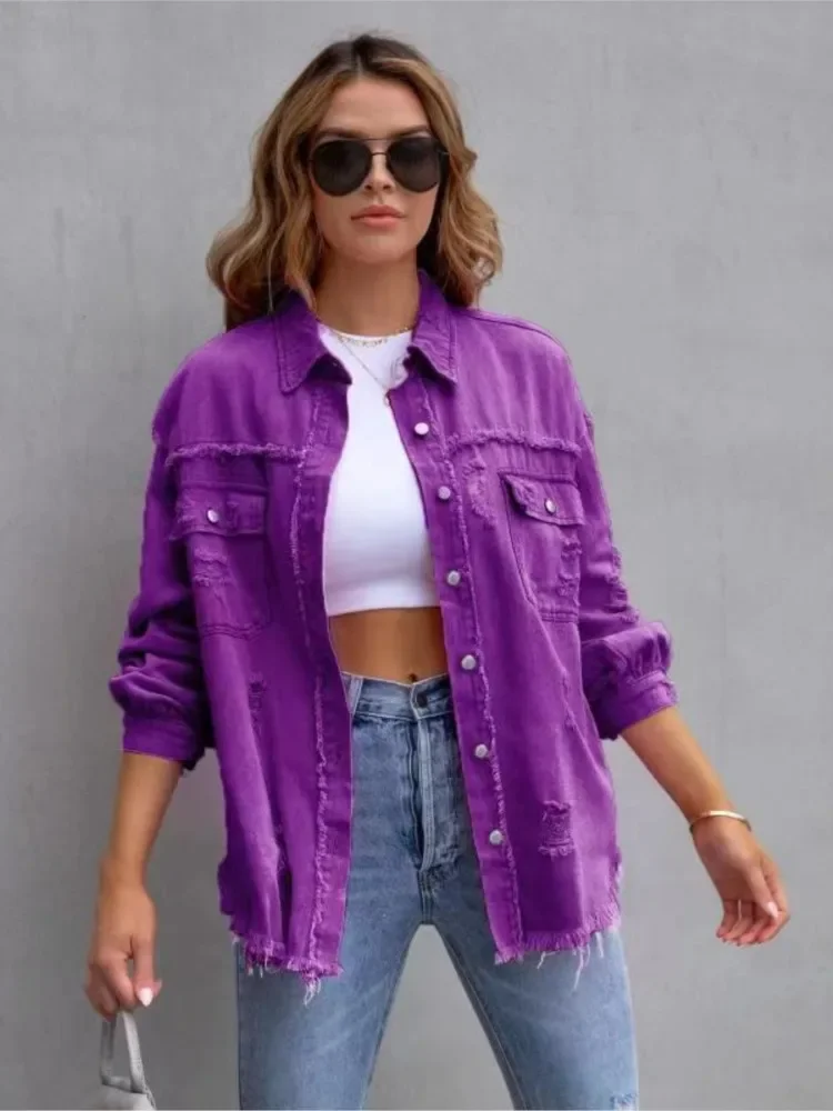 

CPSYMYM Autumn Winter Women's New Denim Jacket Fashion Grinding Edge Broken Hole Hollow Long Sleeve Single Breasted Casual Colla