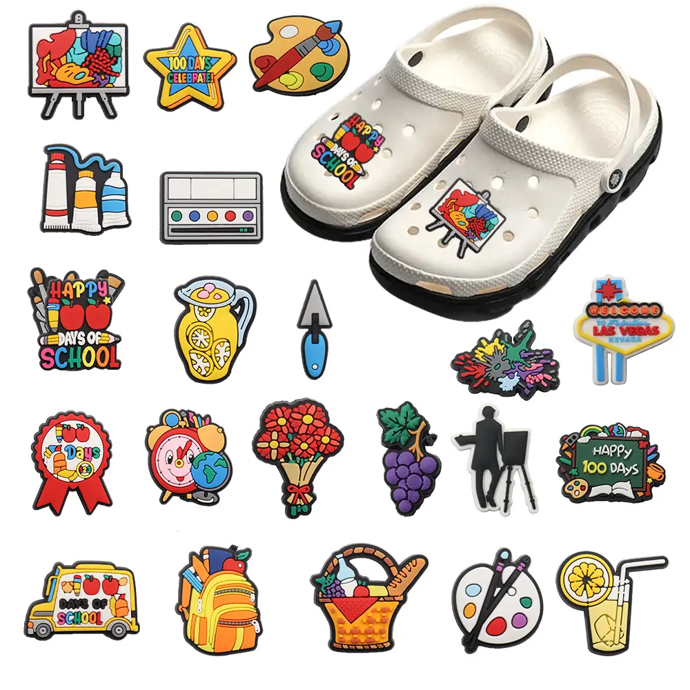 Sell Retail 1-22pcs PVC Shoe Charms Alarm Clock Bag Grape Flower PVC Accessories Shoes Buckles Fit Wristbands Kids Party Gift