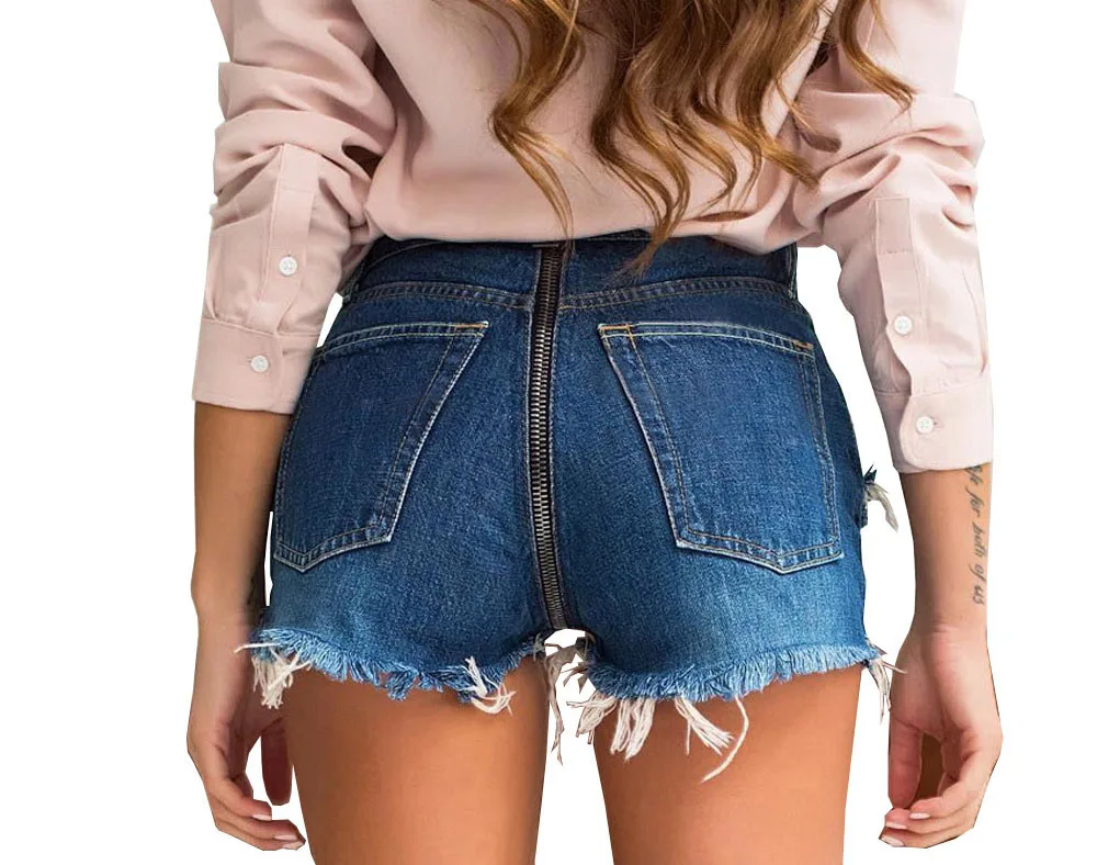 2023 Summer Fashion New Hole Breaking Sexy Zipper Fringe Denim Shorts for Women