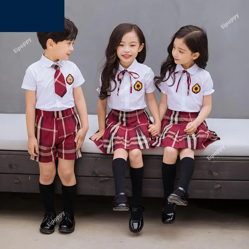 Uniforme escolar coreano infantil, camisa de manga curta, saia xadrez, roupa vermelha, trajes de coro, meninos, meninas, primário, crianças