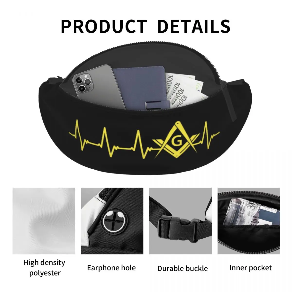 Freemason Heartbeat ECG Fanny Pack Homens Mulheres Personalizado Maçonaria Maçônica Crossbody Cintura Saco para Viajar Telefone Money Pouch