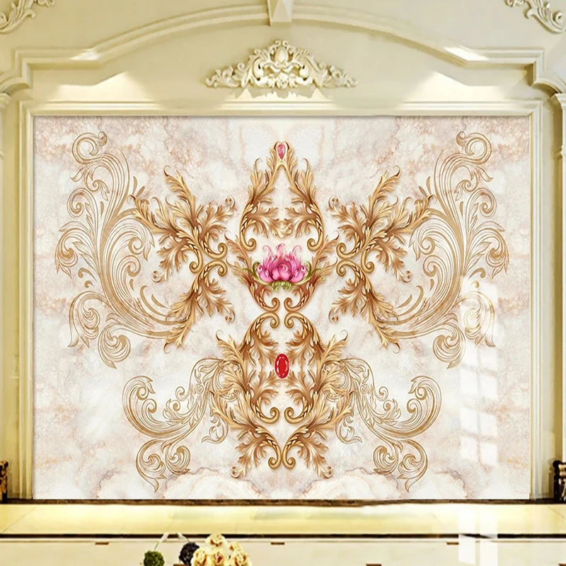 Custom European Royal Flower Marble Background Wall Wallpaper 3D Papel De Parede Fresco Tapety Sticker Home Décor Wall Sticker