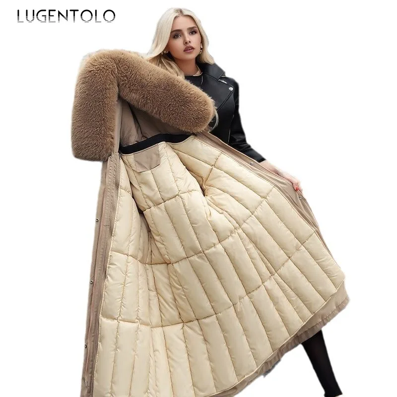 Women Fashion Parkas 2024 Long Thickened Detachable Down Cotton Lined Warm Jacket Elegant Faux Fur Collar Cinched Waist Coat