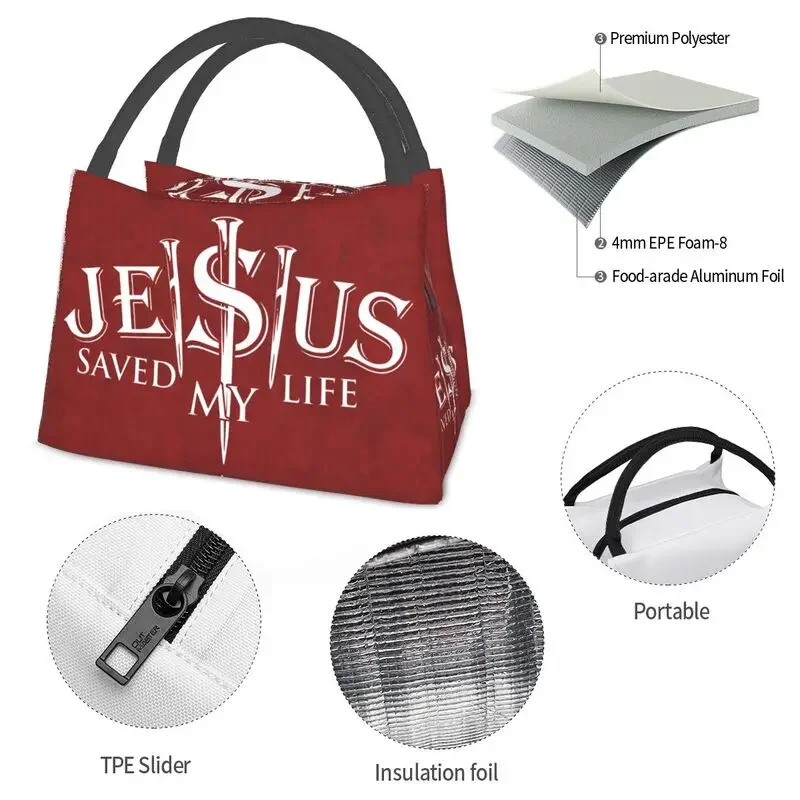 Jesus Saved My Life Insulated Lunch Bag for Work Office Christ Religion Christian Faith Portable Cooler Thermal Bento Box Women