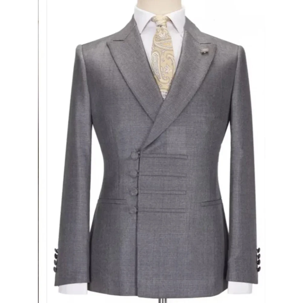 

Medium Gray Light Luxury Formal Men's Suit 2 Piece Jacket Pants Set Single-Breasted Peak Lapel Slim Fit Office Casual Male