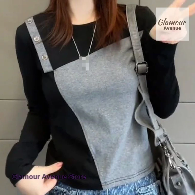 

French style fashion black and gray fake two-piece round neck long-sleeved T-shirt women's spring and autumn casual Joker top