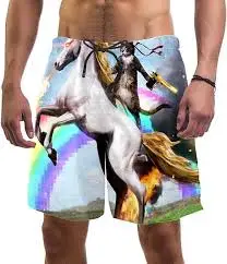 

Fantasy Cat Riding a Unicorn Swim Trunks Swimsuit Beach Surfing Shorts for Men M