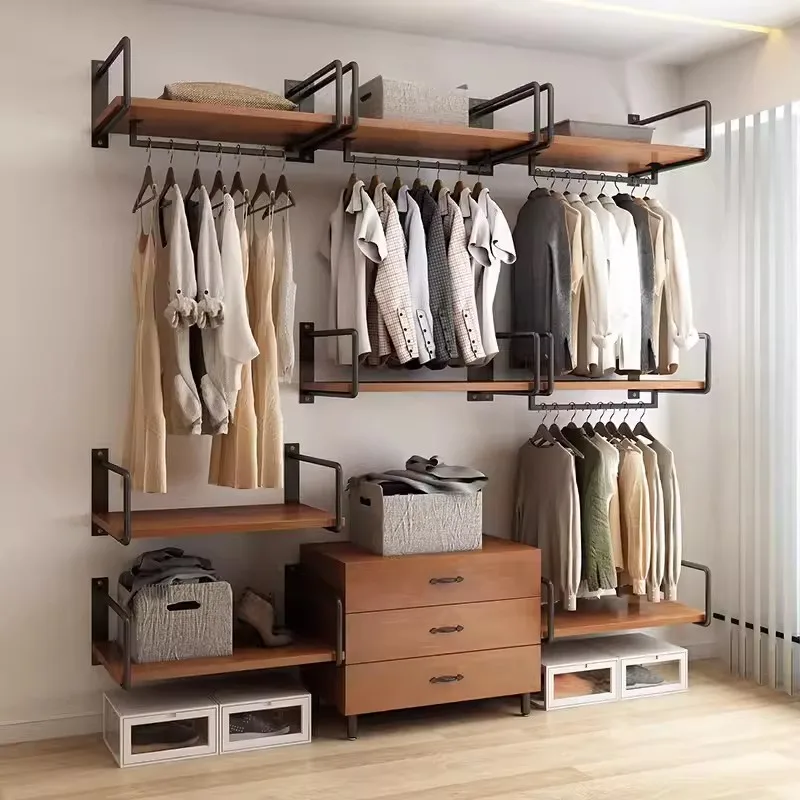 ‌Modern Metal Wall-Hanging Clothes Rack - Adjustable Garment Storage System for Small Spaces & Home Organization