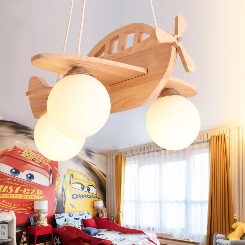 Wood Airplane Chandelier For Children Kids Boy Bedroom LED Hanging Pendant Lamp Nursery Aircraft Suspension Lights