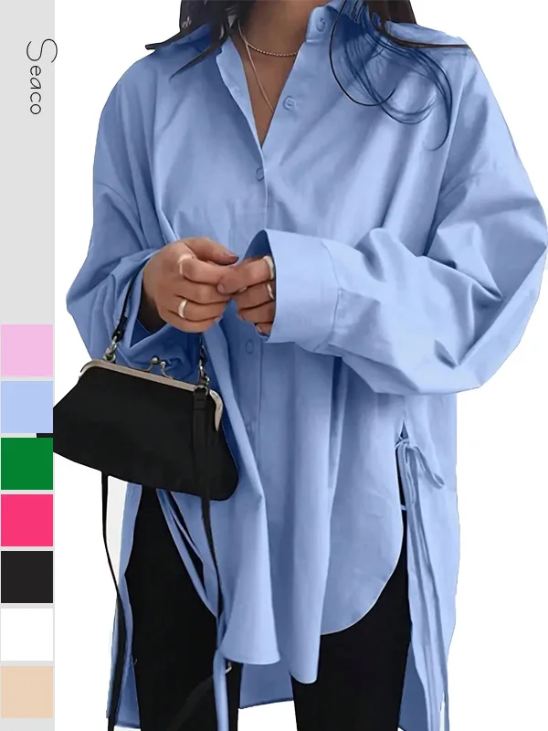 

Women s 2025 Fall Long Sleeve Asymmetrical Shirt Belted Loose Fit Oversized Blouse Casual Chic Tunic Top Gifts