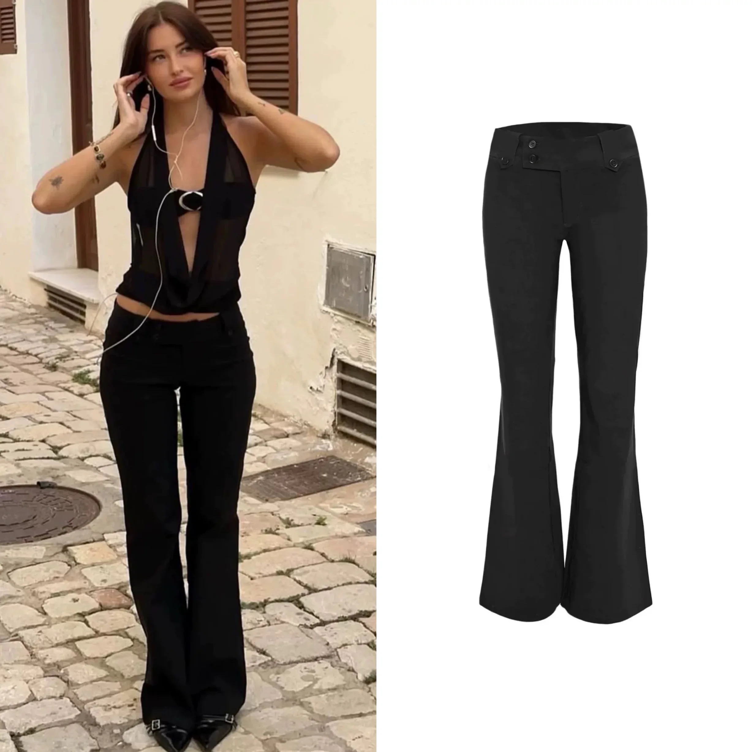 Tiger M Black Low-Waisted Tights Suitable for Women's Daily Casual Wear, Elastic Fabric, Widened Waist Design, Casual Pants