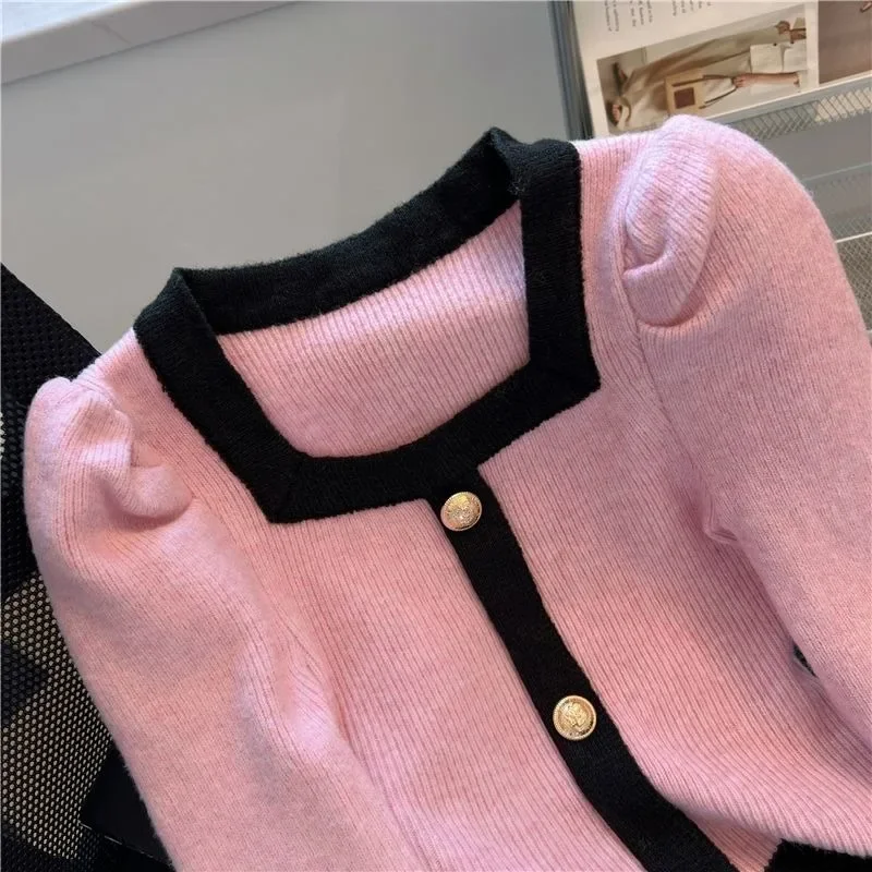 Neploe Elegant Fashion Square Collar Cardigans Autumn New Slim Fit Knitted Tops Y2k Sweet Cool Puff Sleeve Sweaters Women