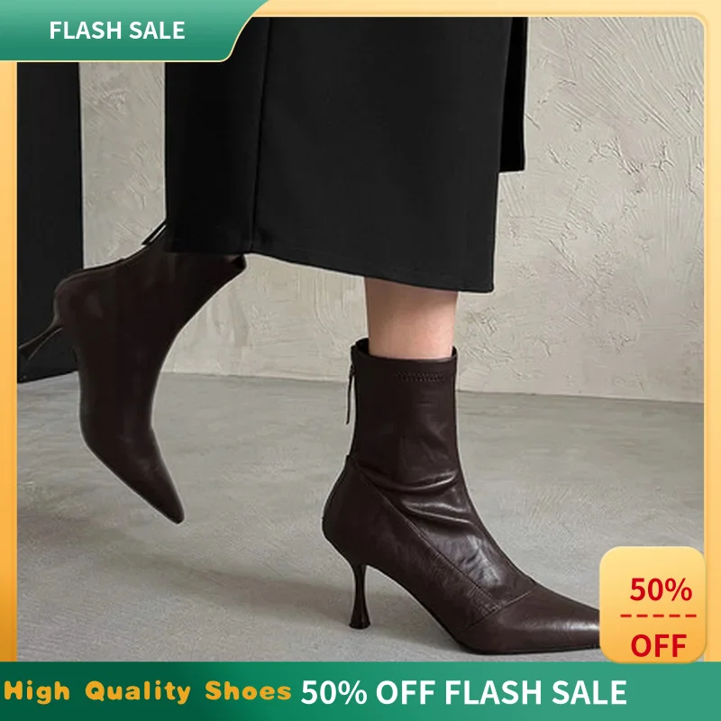 2026 Autumn Pointed Stiletto Ankle Boots Soft Sheepskin TPR Sole Back Zipper Slim Fit Office Boots Black Brown Sizes34-40F17