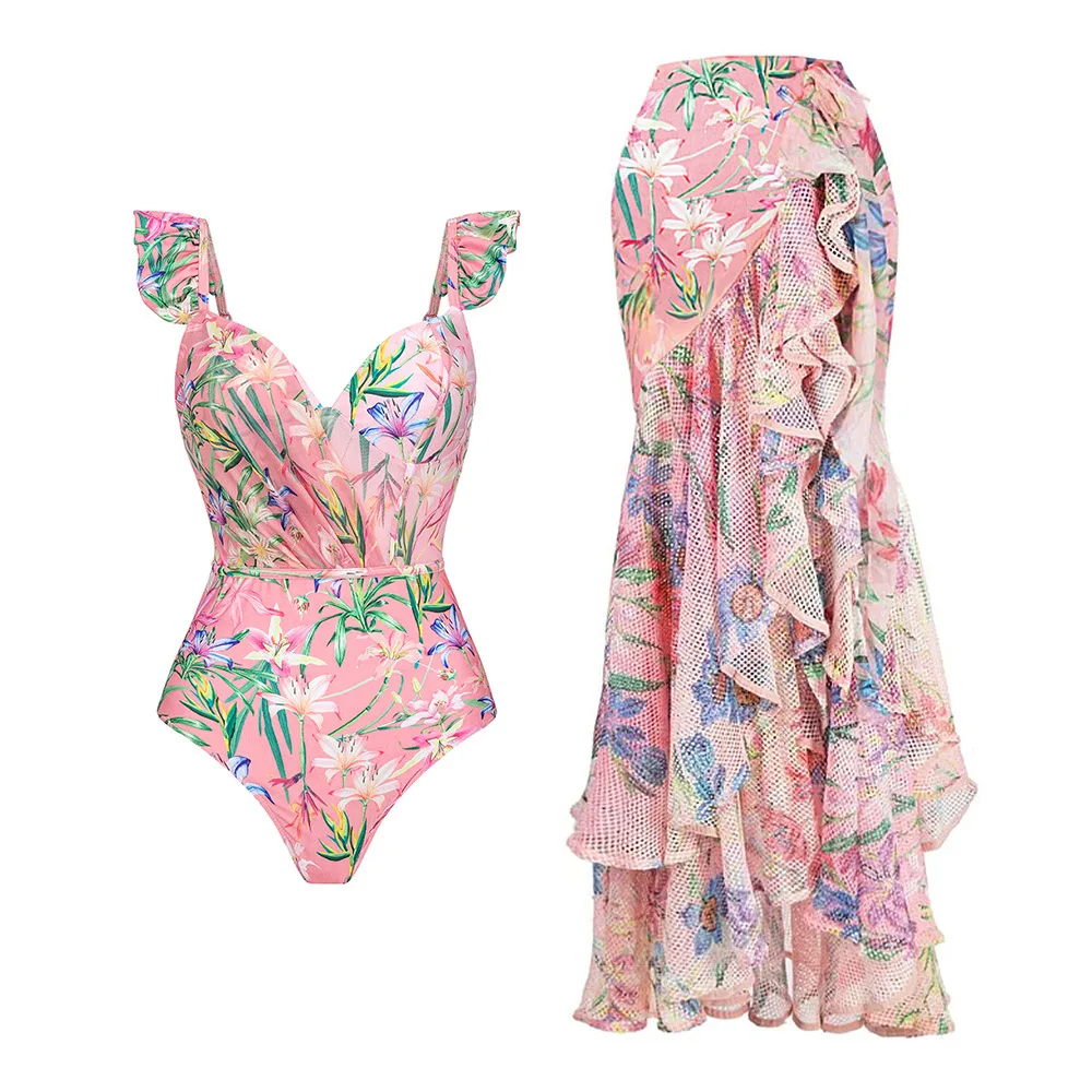 Traje de baño Floral Vintage para mujer, conjunto de Bikini de una pieza, falda de playa, traje de baño de poliéster, vestido Maxi