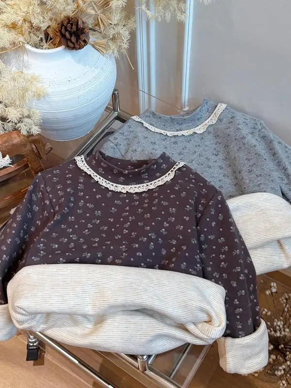 

Comfortable Long Sve Base irt New Casual Sle Women's Faion Floral Lace Sweatirt Thiened Korean Version Cotton Coat