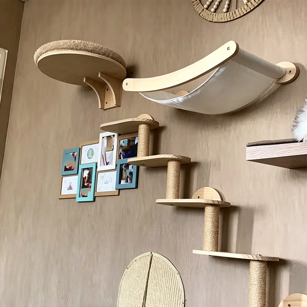 

Cat Wall Furniture Wall-Mounted Cat Climbing Frame Tree Tower Plush Hammock House Sisal Scratching Post Indoor Cats Playground
