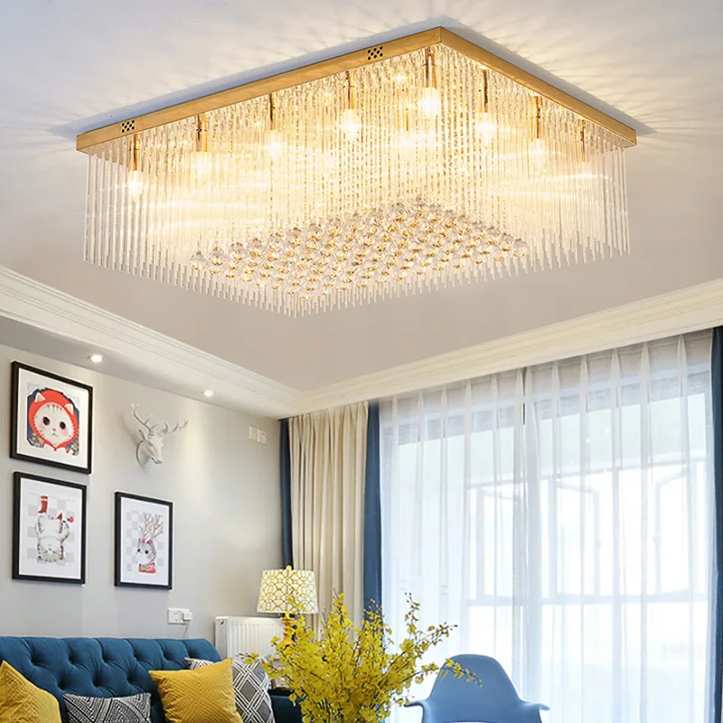 

Atmosphere Living Room Crystal Ceiling Lamps Rectangular Dining Room Bedroom Gold Ceiling Light Luxury Hotel LED Household Lamp