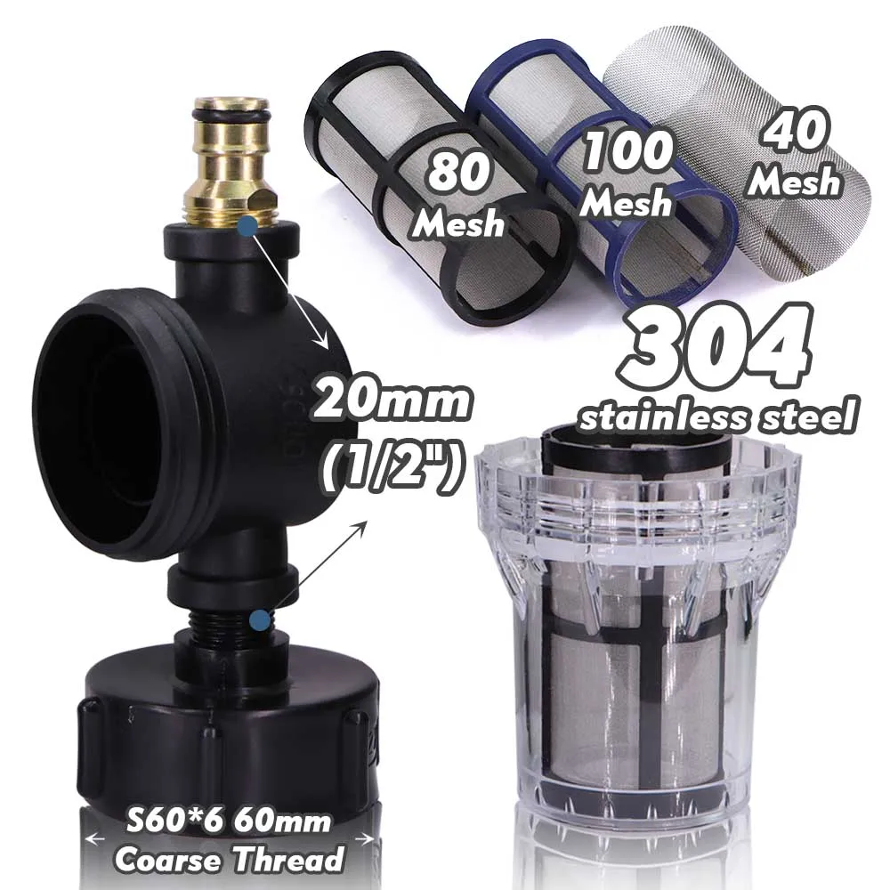 IBC Tank Prefilter Adapter 16mm Brass Quick Connector w/ S60x6 Coarse Thread Garden Irrigation Tube Filter 40-100 Mesh Screen