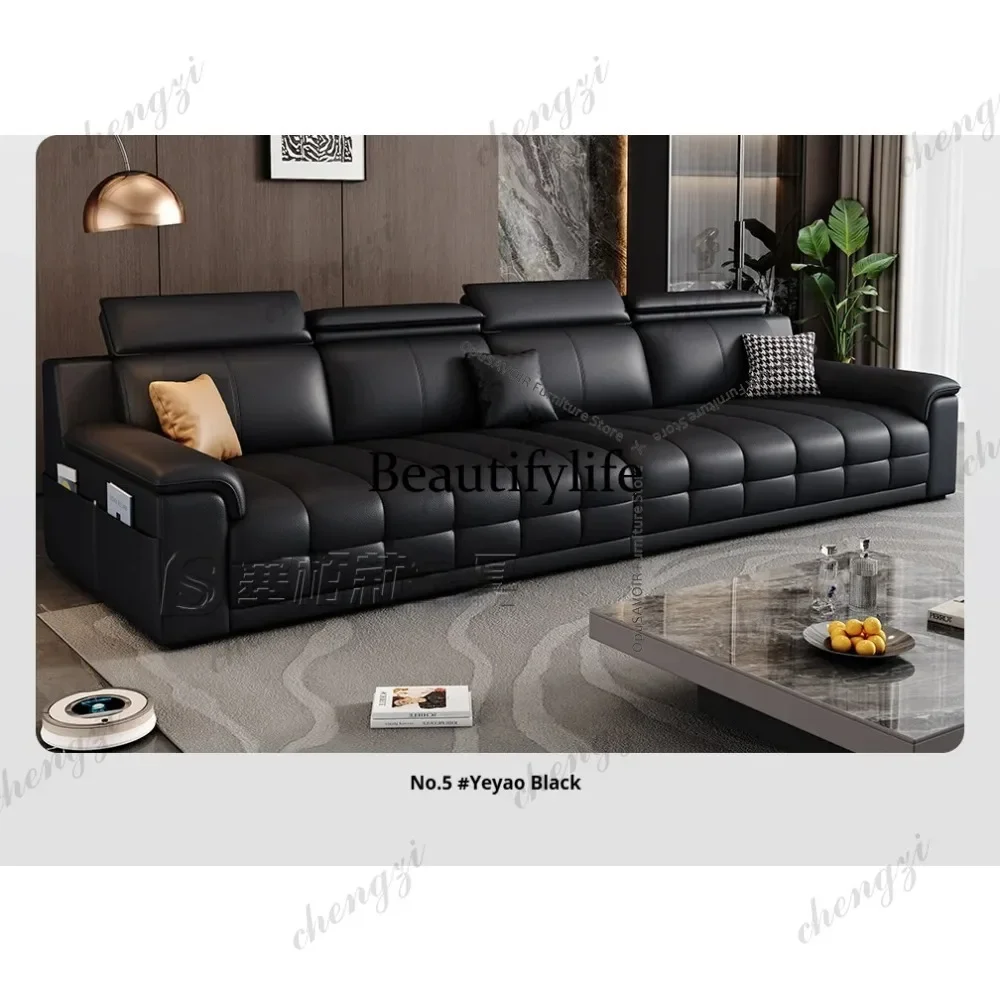 D178 Italian Minimalist Lawrence Top Grain Leather Sofa - 3-Seater Straight Living Room Sofa Latex Support Compact Furniture