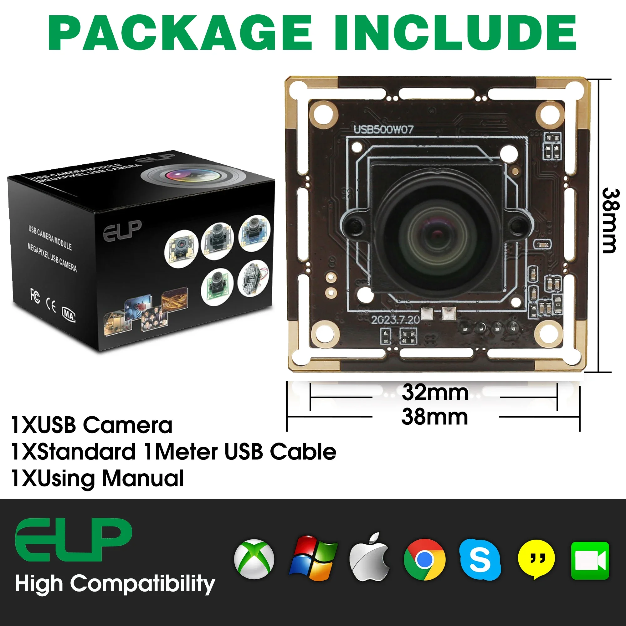 ELP USB 카메라 모듈 고속 카메라, UVC 미니 웹캠, 지지대 보안 보호, 컴퓨터 PC PI용, 5MP, 30fps, 2592x1944P