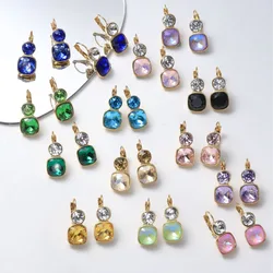 CARLIDANA 18K Gold Plated Stainless Steel Square Shaped Colorful Pink Crystal Stone Stud Dangle Earrings for Women Jewelry