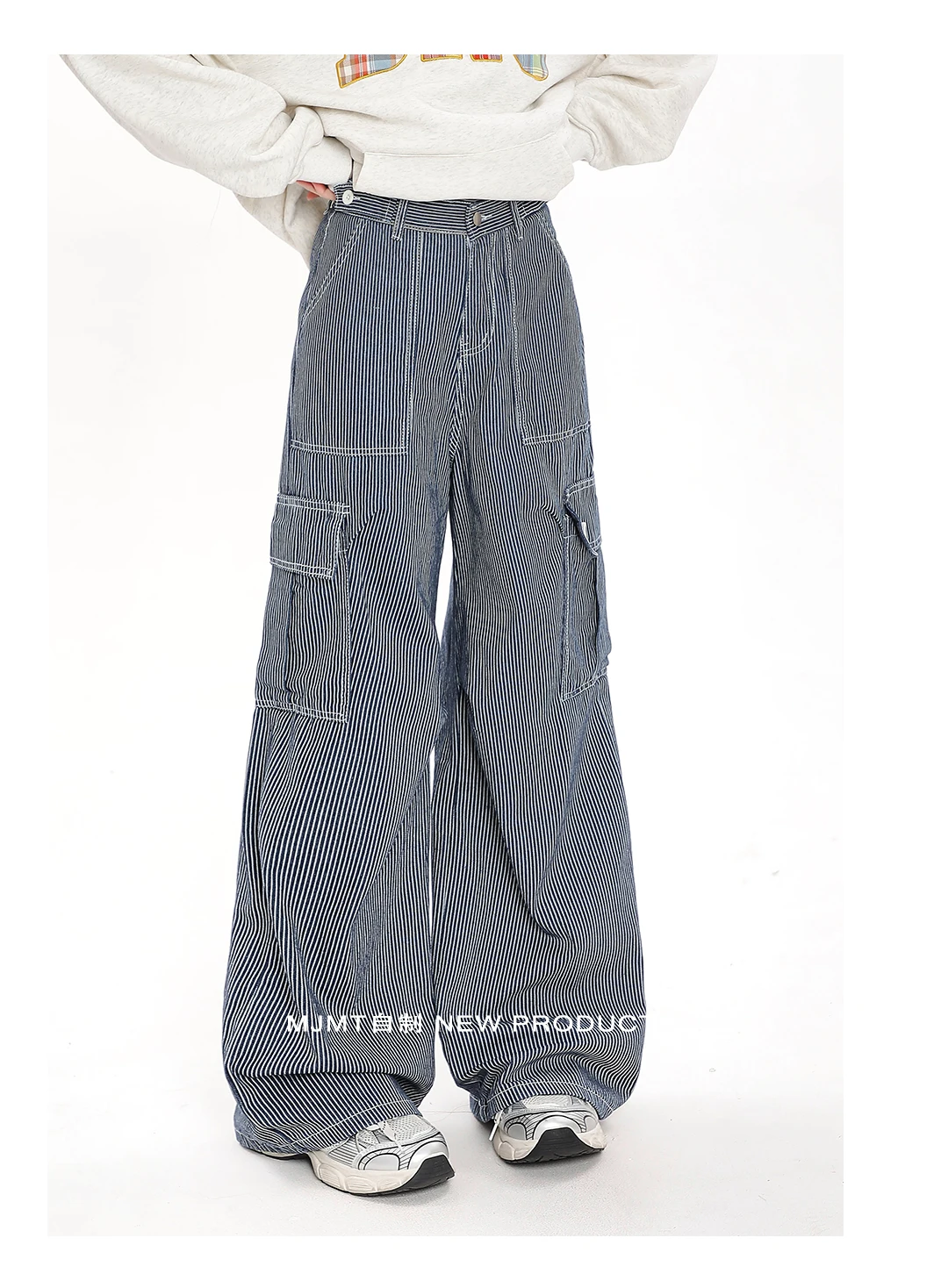 American HighStreet Sweet Cool Multi-Pocket Striped Straight Cargo Pants High Waist Loose Casual Wide Leg Trousers Women Autumn