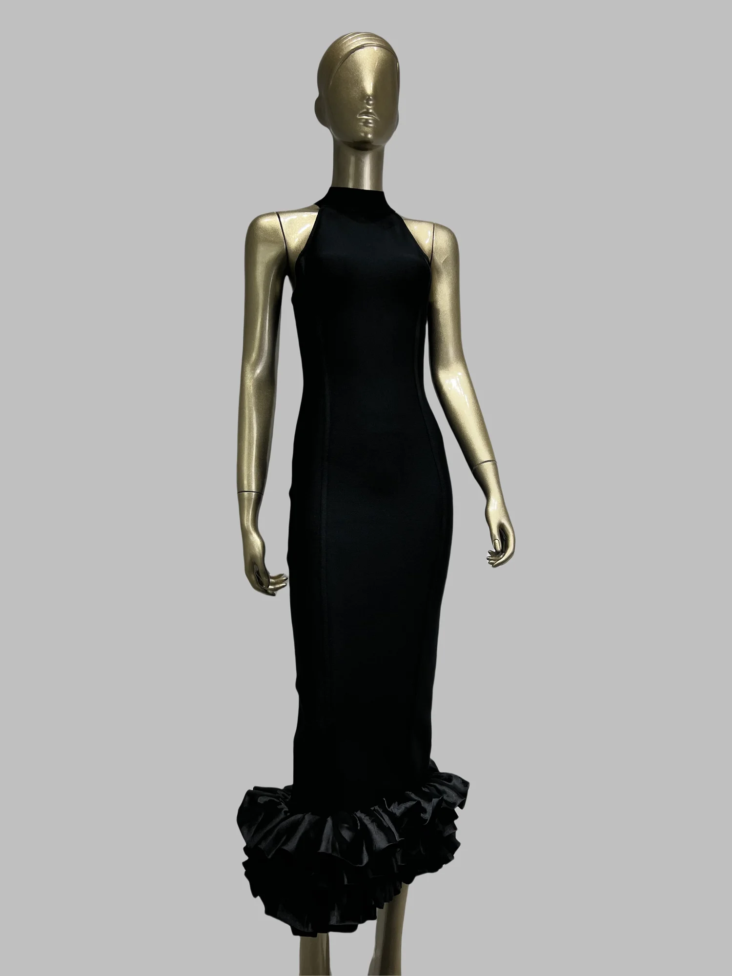 

Women Elegant Black Sleeveless O Neck Ruffles Hem Ankle Length Bodycon Elastic Bandage Dress High Street Evening Club Party Gown