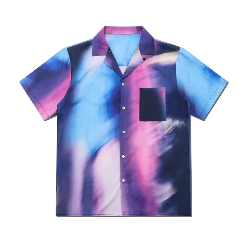 New Summer Short Sleeve Shirts Men Hip Hop Loose Clothing Male Wang Yi Bo Fans Blue-violet Gradient