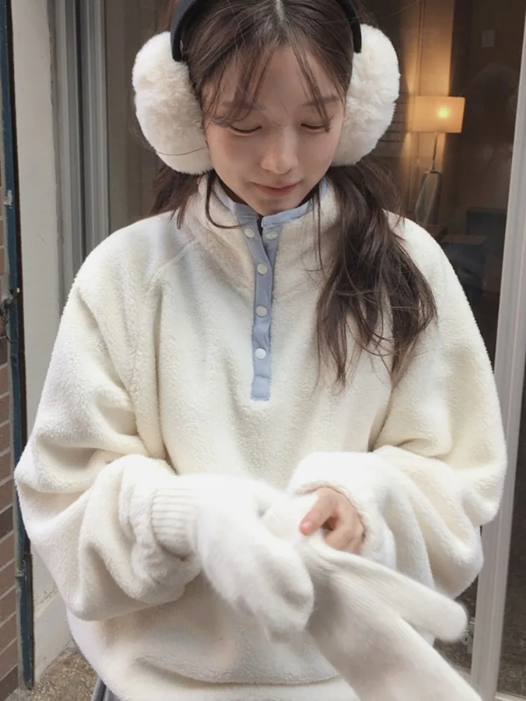 

Women's Fleece Sweatshirt Half High Collar Dark Button Color Block Winter Warm Top Gentle Wind Stylish Versatile Korean Style