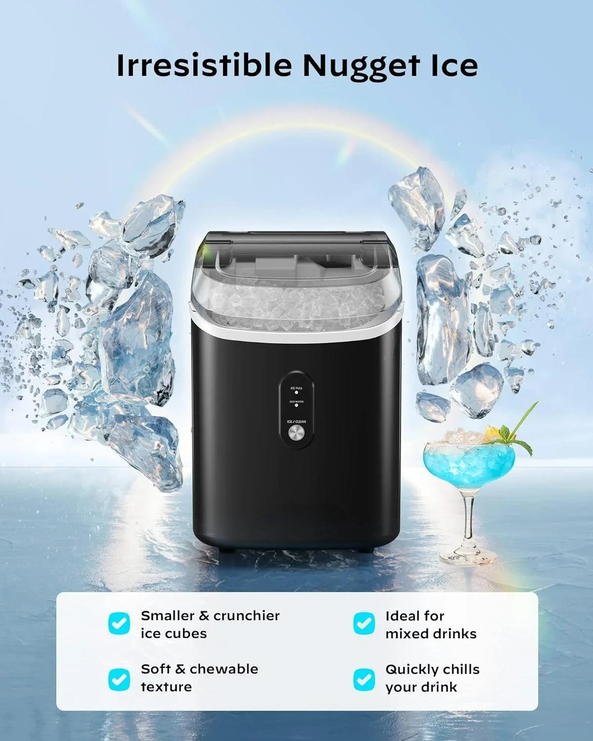 Eficiente Nugget Ice Maker para bancada, 33lbs/24h Capacidade, Pebble Ice Maker Machine, perfeito para cozinha