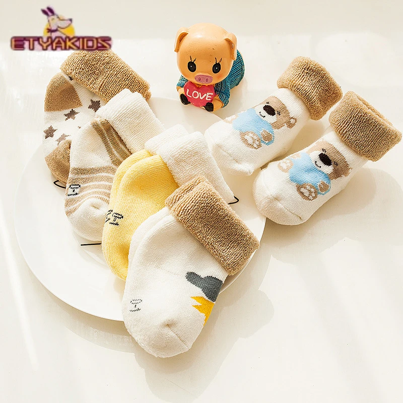 5pair New Winter Baby Infant Cartoon Socks Newborn Thickening Cotton Loose Mouth  Socks Striped Wave Point Bear Star Unisex Warm