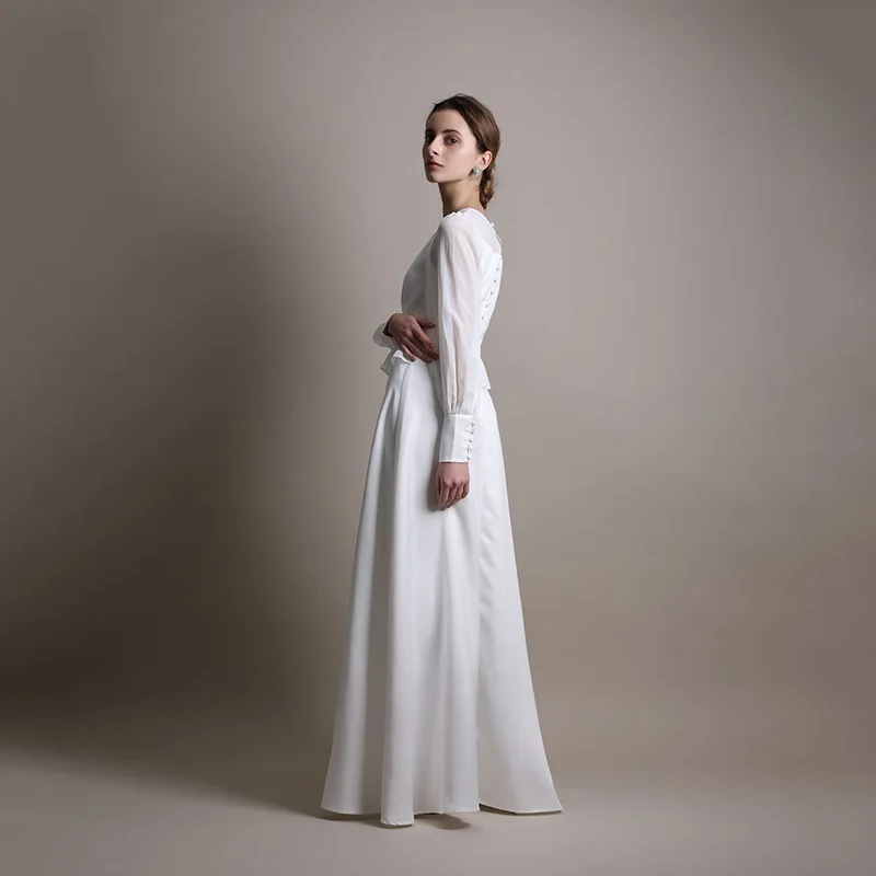 Korean-Style Light Wedding Dress Minimalist Long Sleeve round Neck Clinch Flat Waist Bride White Dinner Suit