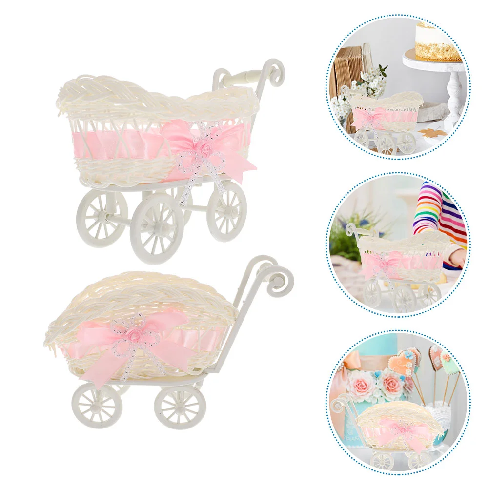 

2 Pcs Party Woven Baskets Bins Wagon Small Storage Wicker Stroller Chocolate Serving Baby Shower Gift