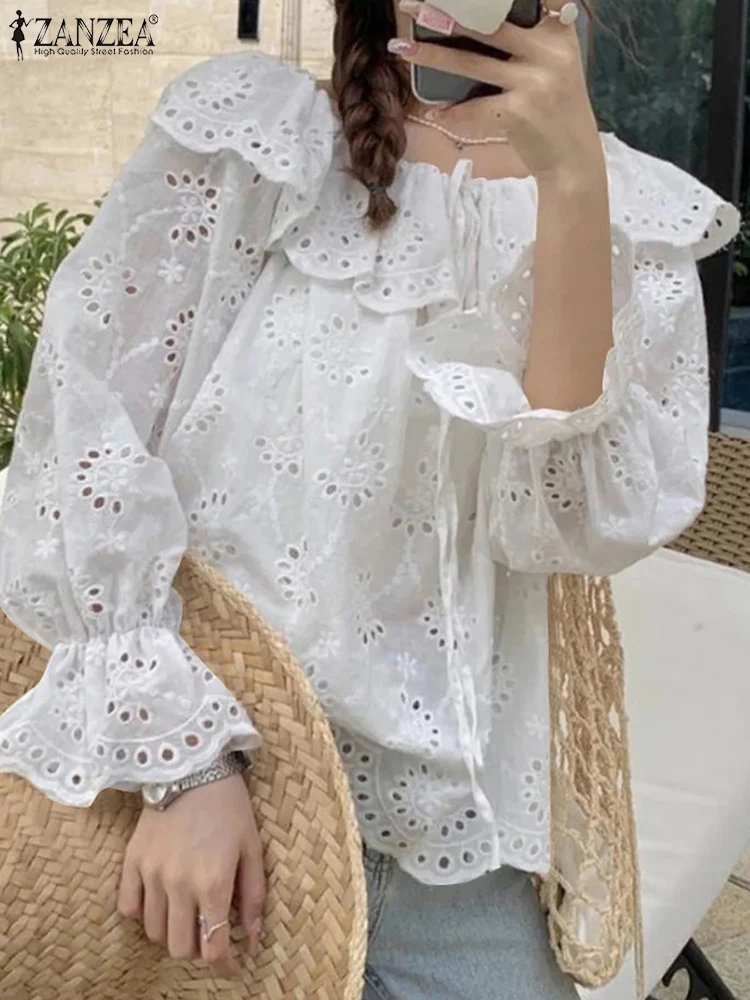 

ZANZEA Women Casual Lace Crochet Blouse Stylish Embroidery Tops Spring Long Sleeve Rufflse Holiday Shirt Solid Hollow Out Blusas