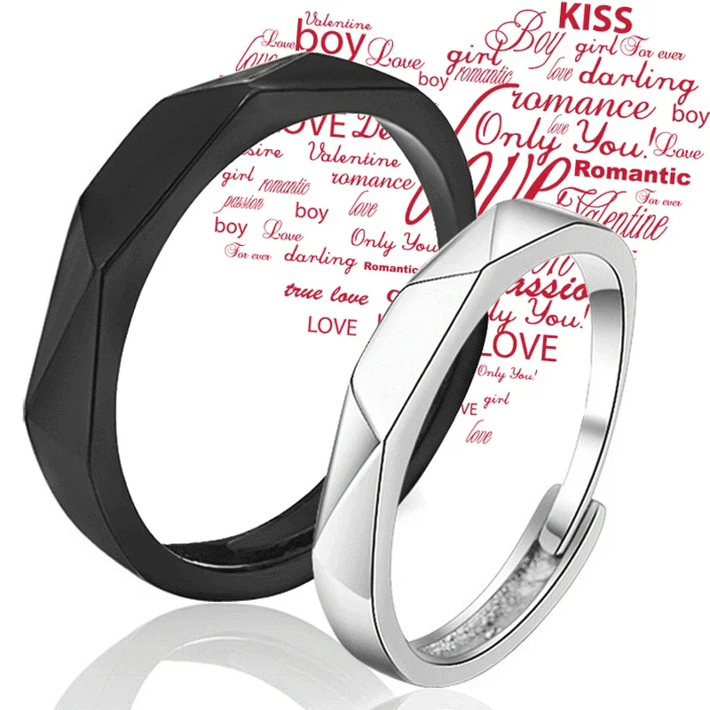 2PCS Black White Lozenge Couple Rings Set Open Adjustable Ring Eachother Lovers Minimalist Ring Gift Wedding Rings Bride Jewlery