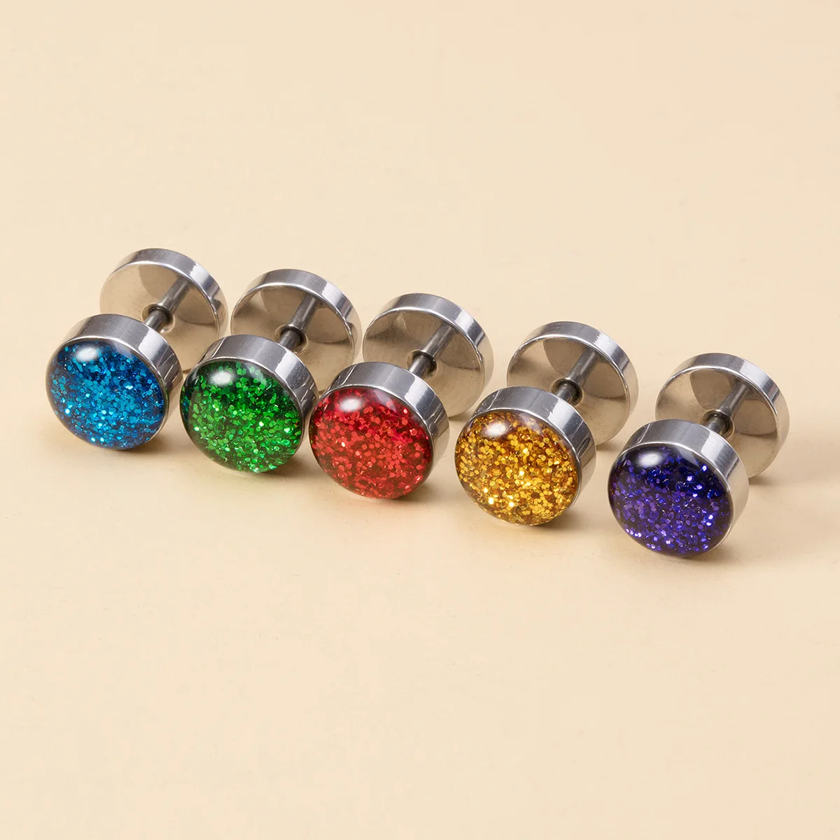 2Pcs Stainless steel glitter glitter stud false ear extension barbell Stainless steel punk cool stud ear