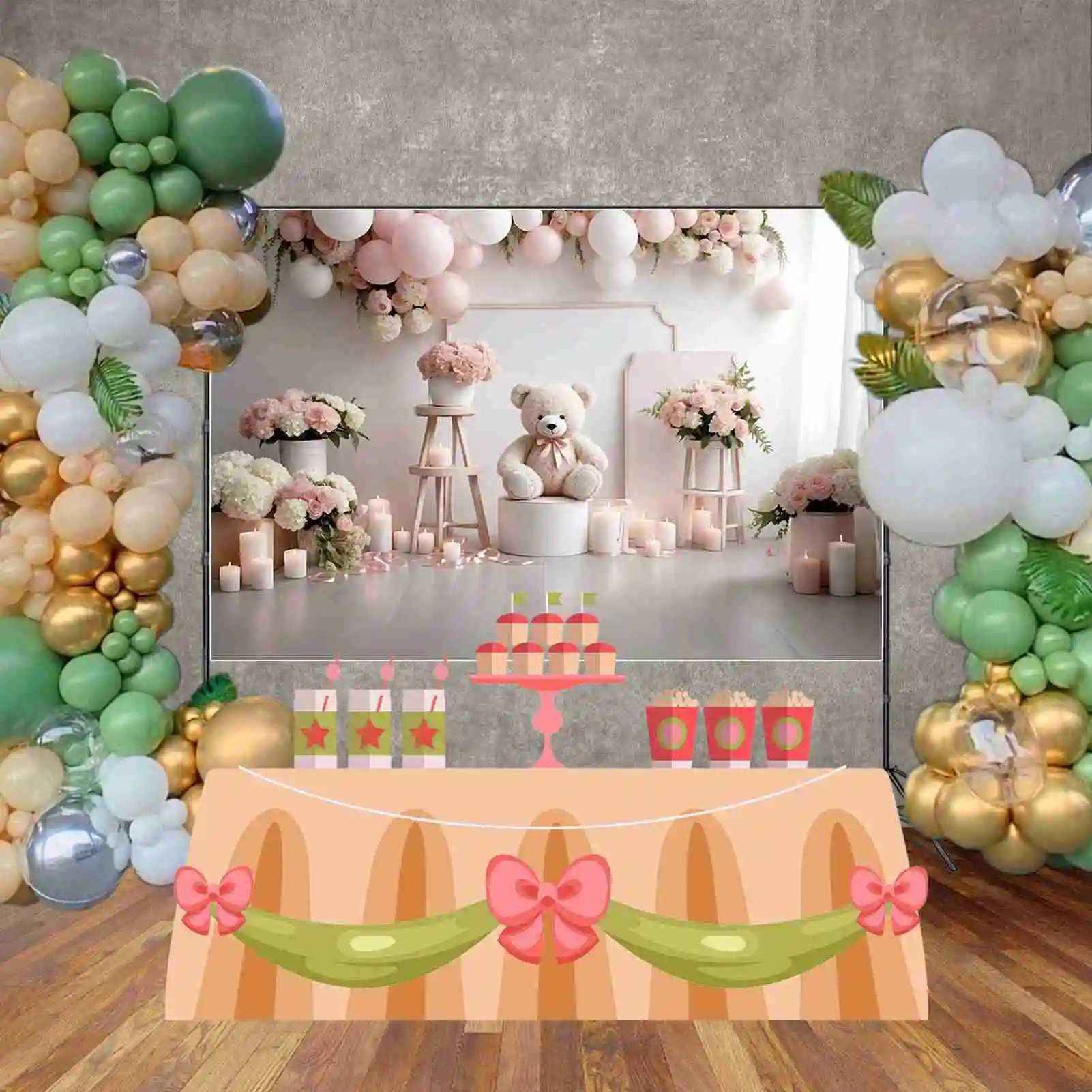 MOON.QG Teddy Bear Flower One Birthday fondali bambini ghirlanda palloncino floreale sfondo decorazione per feste forniture per fotochiamate