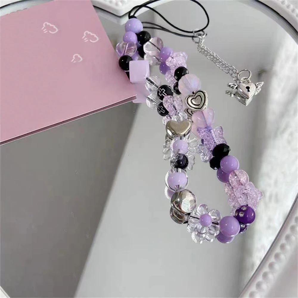 INS Sweet Cool Cute Love Heart Butterfly Purple Beaded For iPhone Charm Strap Chain For Women Hanging Rope Anti-lost Lanyard Jew