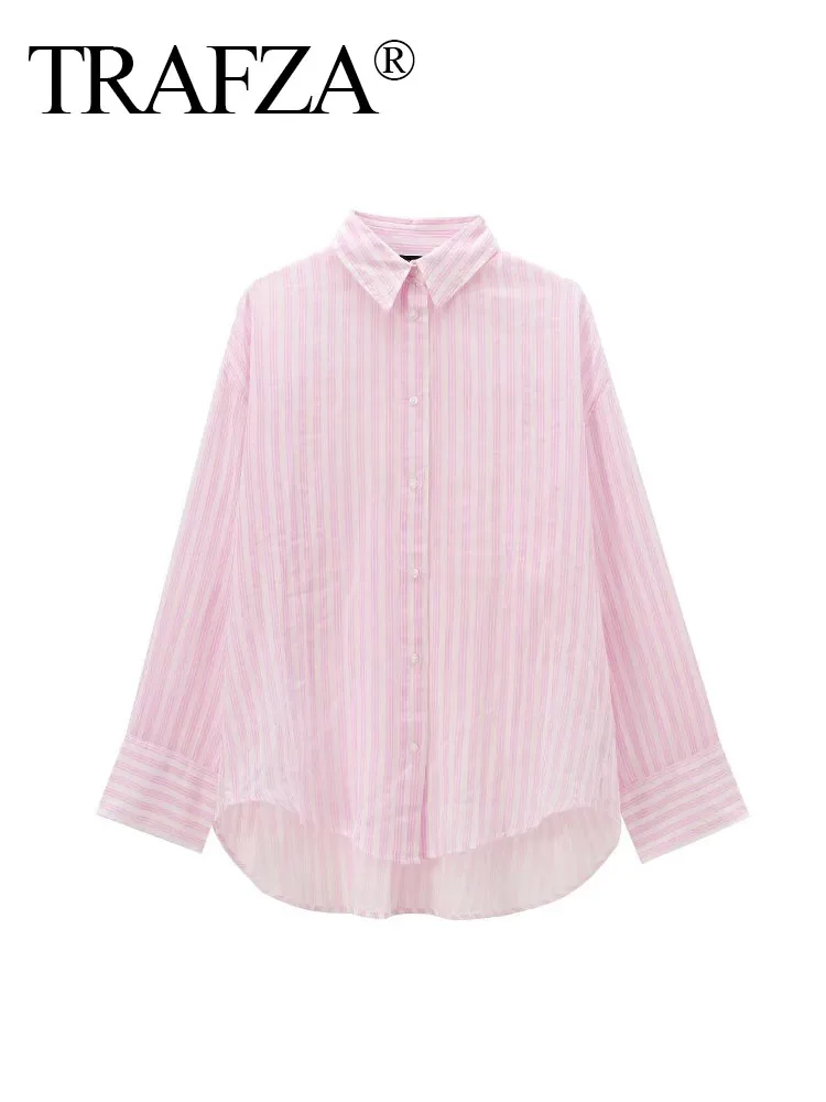 TRAFZA 2024 New Female Pink Striped Casual Shirt Turn Down Collar Long Sleeve Loose Single-Breasted Tops Wild Woman Blouse Top