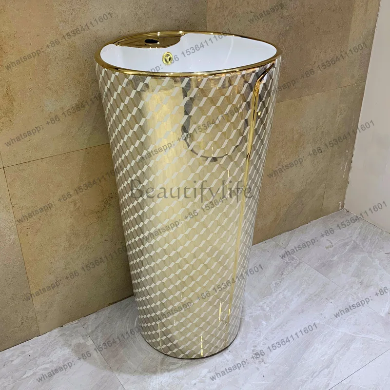Ceramic integrated color gold pillar basin, electroplated gold floor wash basin